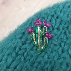 Broche Cactus Vert Rose et Or - Bijoux Urban Jungle - Euphorbe doré et strass - Boutique Les inutiles