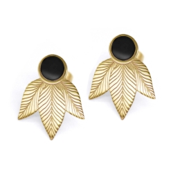 Boucles d'oreilles plumes noires • puces tige poucette dorées motif feuille • Boutique de cadeaux et bijoux à Loches