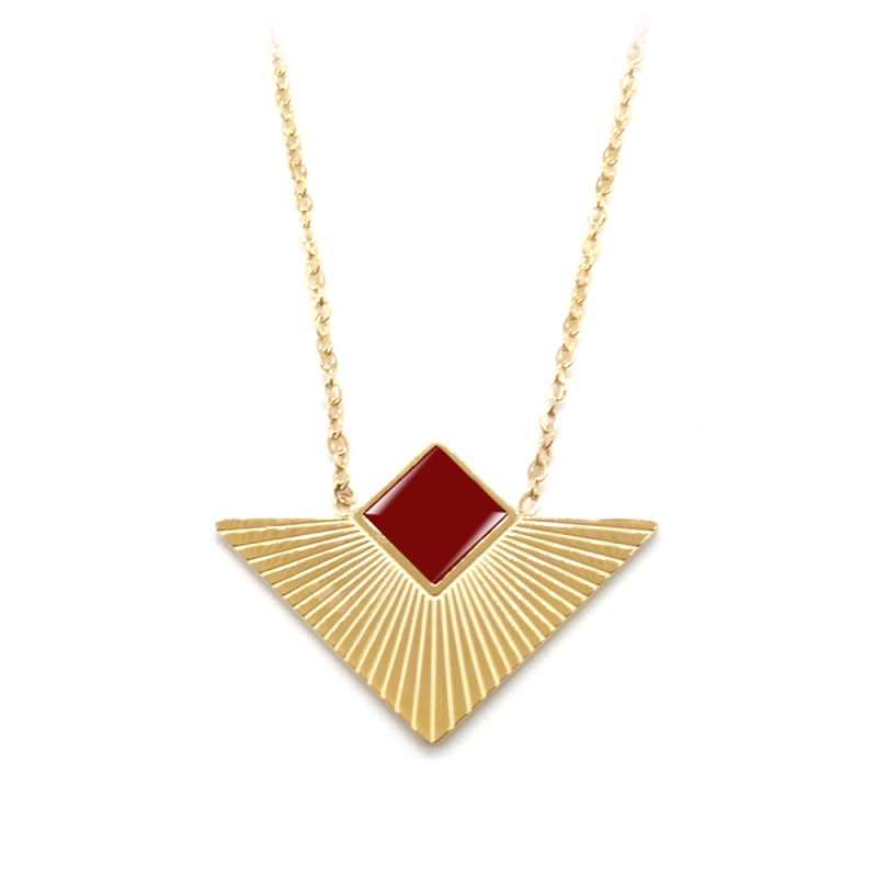 Collier triangle doré et rouge bordeaux • Pendentif géométrique graphique • Collection bijoux fantaisie élégants et de qualité