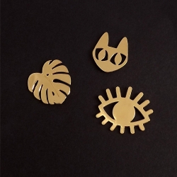Trio de pin's doré chat monstera oeil • bijoux Marine Mistake • Boutique Les inutiles • idées cadeaux