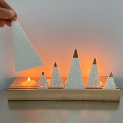 Bougeoir de table de Noël • Idées cadeaux, photophore maison en porcelaine, montagnes sous la neige Rader