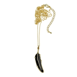 Sautoir Plume doré à l'or fin • Bijoux oiseau, pendentif émaillé noir, collier long • Bijoux fantaisie pour l'été